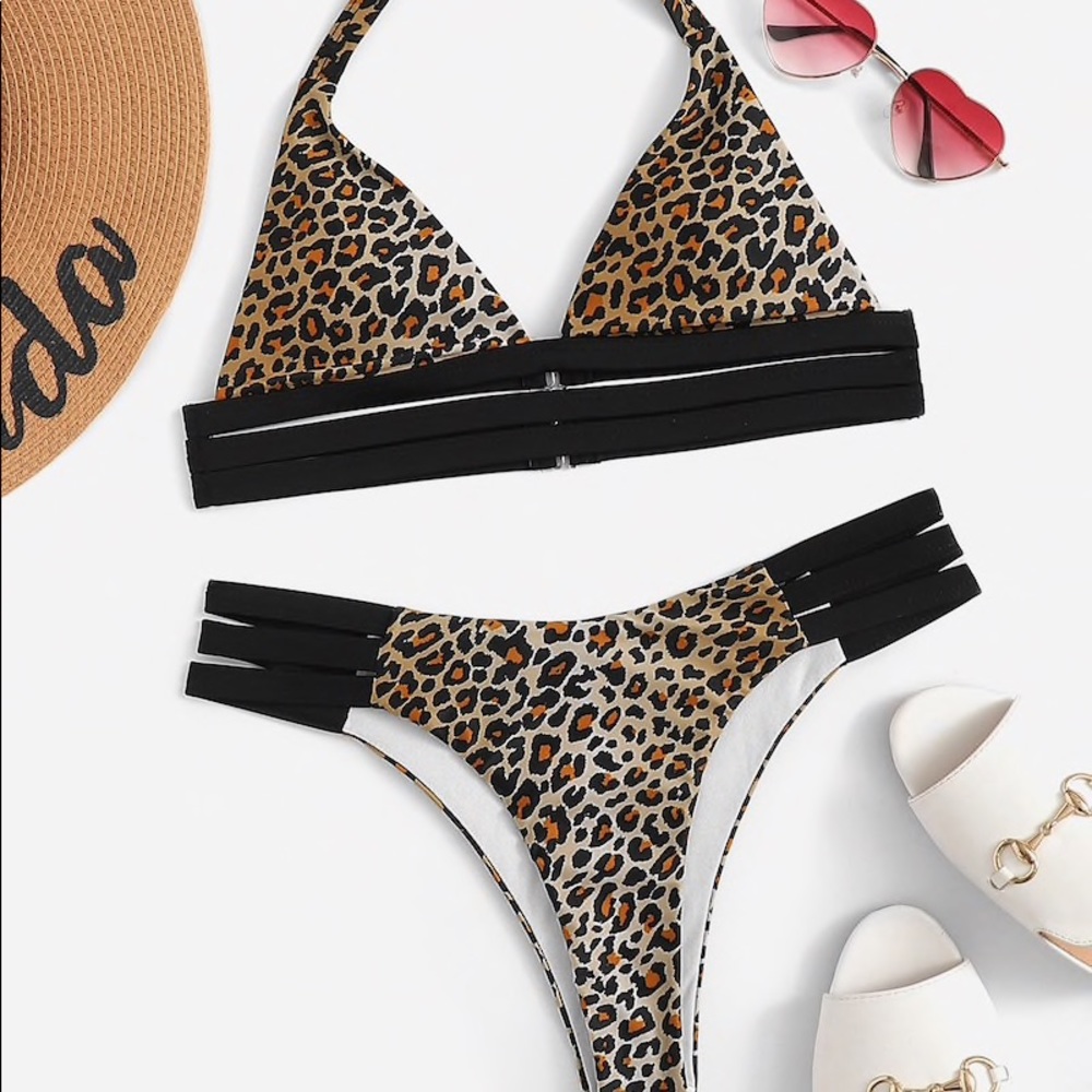 Leopard Halter Top With Ladder Cut-Out Bikini Set